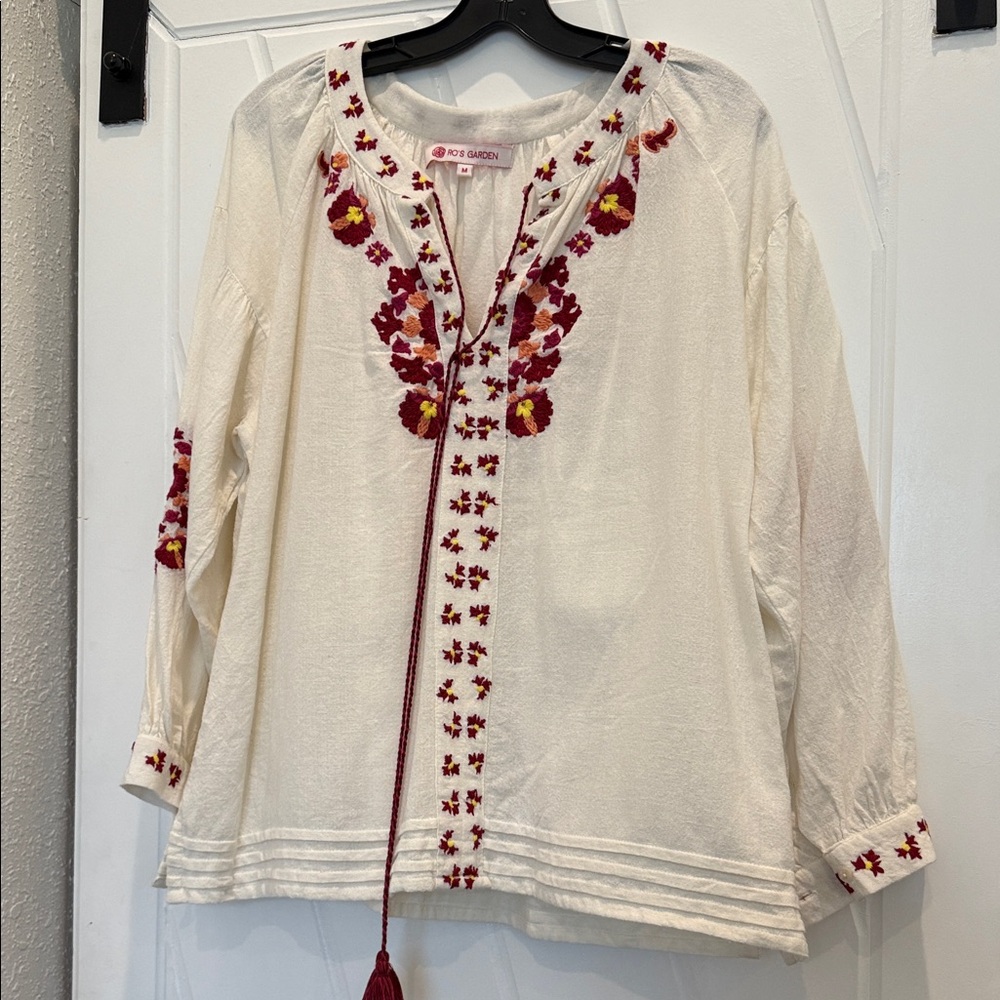 Embroidered Cream Blouse with Red Accents